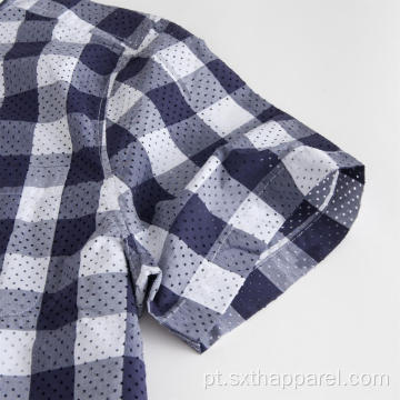 Camisa xadrez de algodão xadrez com mangas curtas e curvas curtas